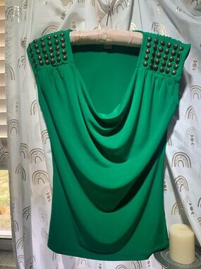 Micheal Kors Green Draped Studded Shoulder Top